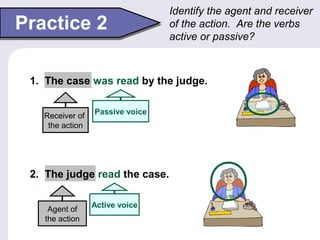 Identify the agent and receiver 
of the action. Are the verbs 
active or passive? Practice 2 
1. The case was read by the judge. 
2. The judge read the case. 
Agent of 
the action 
Active voice 
Receiver of 
the action 
Passive voice 
 