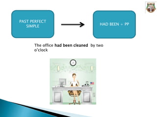 PAST PERFECT
SIMPLE HAD BEEN + PP
The office had been cleaned by two
o’clock
 