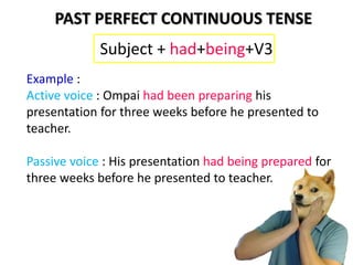 Example :
Active voice : Ompai had been preparing his
presentation for three weeks before he presented to
teacher.
Passive voice : His presentation had being prepared for
three weeks before he presented to teacher.
Subject + had+being+V3
PAST PERFECT CONTINUOUS TENSE
 