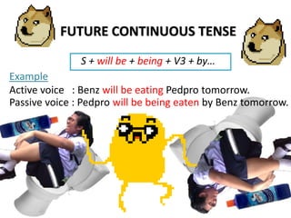 FUTURE CONTINUOUS TENSE
S + will be + being + V3 + by…
Example
Active voice : Benz will be eating Pedpro tomorrow.
Passive voice : Pedpro will be being eaten by Benz tomorrow.
 