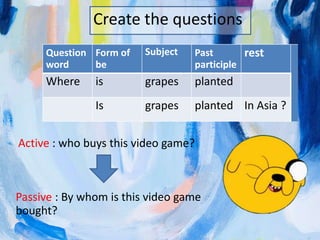 Create the questions
Question
word
Form of
be
Subject Past
participle
rest
Where is grapes planted
Is grapes planted In Asia ?
Active : who buys this video game?
Passive : By whom is this video game
bought?
 