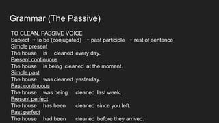Grammar (The Passive)
TO CLEAN, PASSIVE VOICE
Subject + to be (conjugated) + past participle + rest of sentence
Simple present
The house is cleaned every day.
Present continuous
The house is being cleaned at the moment.
Simple past
The house was cleaned yesterday.
Past continuous
The house was being cleaned last week.
Present perfect
The house has been cleaned since you left.
Past perfect
The house had been cleaned before they arrived.
 