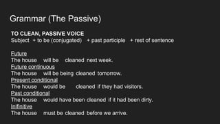 Grammar (The Passive)
TO CLEAN, PASSIVE VOICE
Subject + to be (conjugated) + past participle + rest of sentence
Future
The house will be cleaned next week.
Future continuous
The house will be being cleaned tomorrow.
Present conditional
The house would be cleaned if they had visitors.
Past conditional
The house would have been cleaned if it had been dirty.
Inifinitive
The house must be cleaned before we arrive.
 