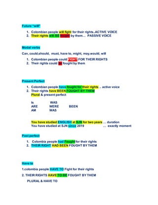 Future “will”
1. Colombian people will fight for their rights..ACTIVE VOICE
2. Their rights will BE fought by them… PASSIVE VOICE
Modal verbs
Can, could,should, must, have to, might, may,would, will
1. Colombian people could FIGHT FOR THEIR RIGHTS
2. Their rights could be fought by them
Present Perfect
1. Colombian people have fought for their rights .. active voice
2. Their rights have BEEN FOUGHT BY THEM
Plural & present perfect
Is WAS
ARE WERE BEEN
AM WAS
You have studied ENGLISH at SJN for two years … duration
You have studied at SJN since 2019 … exactly moment
Past perfect
1. Colombia people had Fought for their rights
2. THEIR RIGHT HAD BEEN FOUGHT BY THEM
Have to
1.colombia people HAVE TO Fight for their rights
2. THEIR RIGHTS HAVE TO BE FOUGHT BY THEM
PLURAL & HAVE TO
 