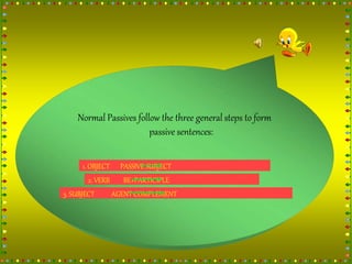 Normal Passives follow the three general steps to form
passive sentences:
1. OBJECT PASSIVE SUBJECT
2. VERB BE+PARTICIPLE
3. SUBJECT AGENT COMPLEMENT
 