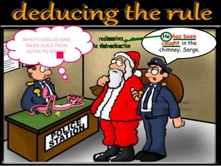 I have caught
him in the
chimney, Sarge.
He has been
caught in the
chimney, Sarge.
WHICH CHANGES HAVE
TAKEN PLACE FROM
ACTIVE TO PASSIVE
 