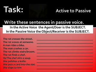 Write these sentences in passive voice.


The rat crosses the street.      __________________________________________
The rat waves at someone.        __________________________________________
A man rides a bike.              __________________________________________
The man crashes a car.           __________________________________________
The rat climbs stairs/broom.     __________________________________________
The rat finds a chef.            __________________________________________
He/The chef stirs a soup.        __________________________________________
She polishes a knife.            __________________________________________
She puts a card into the slot.   __________________________________________
She slaps to him                 ______________________________________________
 