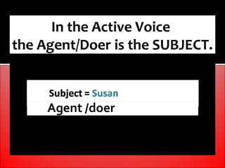 In the Active Voice
the Agent/Doer is the SUBJECT.
 