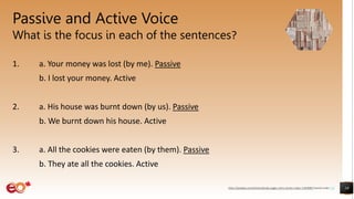 Passive and Active Voice
What is the focus in each of the sentences?
1. a. Your money was lost (by me). Passive
b. I lost your money. Active
2. a. His house was burnt down (by us). Passive
b. We burnt down his house. Active
3. a. All the cookies were eaten (by them). Passive
b. They ate all the cookies. Active
10
https://pixabay.com/photos/books-pages-story-stories-notes-1245690/ shared under CC0
 