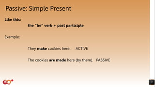 Passive: Simple Present
Like this:
the “be” verb + past participle
Example:
They make cookies here. ACTIVE
The cookies are made here (by them). PASSIVE
27
 