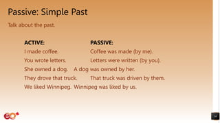 Passive: Simple Past
34
Talk about the past.
ACTIVE: PASSIVE:
I made coffee. Coffee was made (by me).
You wrote letters. Letters were written (by you).
She owned a dog. A dog was owned by her.
They drove that truck. That truck was driven by them.
We liked Winnipeg. Winnipeg was liked by us.
 