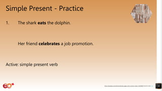 Simple Present - Practice
1. The shark eats the dolphin.
Her friend celebrates a job promotion.
Active: simple present verb
36
https://pixabay.com/photos/books-pages-story-stories-notes-1245690/ shared under CC0
 