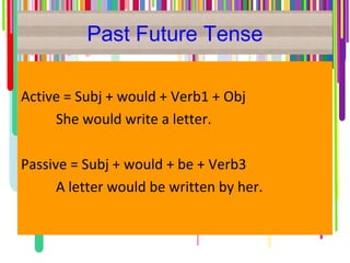 Past Future Tense
Active = Subj + would + Verb1 + Obj
She would write a letter.
Passive = Subj + would + be + Verb3
A letter would be written by her.
 