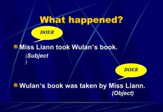 What happened? 
DOER 
Miss Liann took Wulan’s book. 
DOER 
(Subject 
) 
Wulan’s book was taken by Miss Liann. 
(Object) 
 