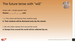 The future tense with “will”
Active: will + simple present verb
Passive: ___ ___ + ___ ____ verb
1. a. The school will dismiss their students early.
b. Their students will be dismissed early (by the school).
c. We will collect stamps from around the world.
d. Stamps from around the world will be collected (by us).
34
https://pixabay.com/photos/books-pages-story-stories-notes-1245690/ shared under CC0
 
