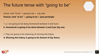 The future tense with “going to be”
Active: verb “to be” + going to be + -ing verb
Passive: verb “to be” + going to be + past participle
1. a. I am going to be doing homework between 4 and 8 pm.
b. Homework is going to be done between 4 and 8 pm (by me).
c. They are going to be dreaming of winning the lottery.
d. Winning the lottery is going to be dreamt of (by them).
39
https://pixabay.com/photos/books-pages-story-stories-notes-1245690/ shared under CC0
 