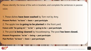46
Please identify the tense of the verb in brackets, and complete the sentences in passive
voice.
1. These dishes have been washed by Tom not by Amy.
Present Perfect: “to have” + been + past participle
2. The apple tree is going to be planted in the front yard.
Future with “be going to”: “ to be” + going to be + past participle
3. The pool is being cleaned by housekeeping. The pool has been closed.
Present Progressive: “to be” + being + past participle
Past Perfect: “to have” + been + past participle
https://pixabay.com/photos/books-pages-story-stories-notes-1245690/ shared under CC0
 