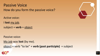 Passive Voice
Active voice:
I lost my job.
subject + verb + object
Passive voice:
My job was lost (by me).
object + verb “to be” + verb (past participle) + subject
6
How do you form the passive voice?
 