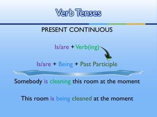 PRESENT CONTINUOUS
Is/are +Verb(ing)
Is/are + Being + Past Participle
Somebody is cleaning this room at the moment
This room is being cleaned at the moment
VerbTenses
 