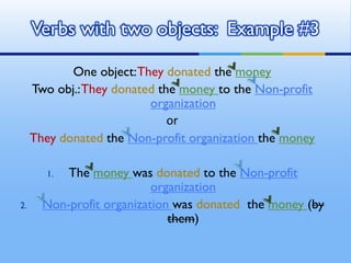 One object:They donated the money
Two obj.:They donated the money to the Non-profit
organization
or
They donated the Non-profit organization the money
1. The money was donated to the Non-profit
organization
2. Non-profit organization was donated the money (by
them)
Verbs with two objects: Example #3
 