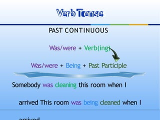 PAST CONTINUOUS
Was/were + Verb(ing)
Was/were + Being + Past Participle
Somebody was cleaning this room when I
arrived This room was being cleaned when I
Verb Tenses
 