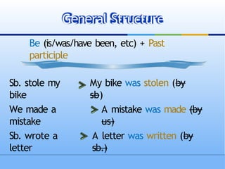 Be (is/was/have been, etc) + Past
participle
Sb. stole my
bike
My bike was stolen (by
sb)
We made a
mistake
A mistake was made (by
us)
Sb. wrote a
letter
A letter was written (by
sb.)
General Structure
 