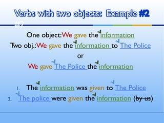 One object:We gave the information
T
wo obj.:We gave the information to The Police
or
We gave The Police the information
1. The information was given to The Police
2. The police were given the information (by us)
Verbs with two objects: Example
#2
 