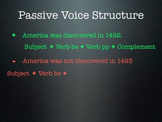 Passive Voice Structure
 + America was discovered in 1492.
   Subject + Verb be + Verb pp + Complement

 -   America was not discovered in 1493
Subject   + Verb be +
 