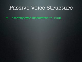 Passive Voice Structure
+ America was discovered in 1492.
 