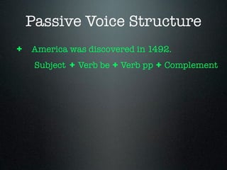 Passive Voice Structure
+ America was discovered in 1492.
  Subject + Verb be + Verb pp + Complement
 