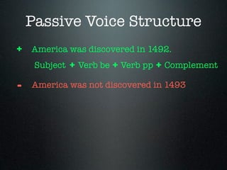 Passive Voice Structure
+ America was discovered in 1492.
  Subject + Verb be + Verb pp + Complement

-   America was not discovered in 1493
 