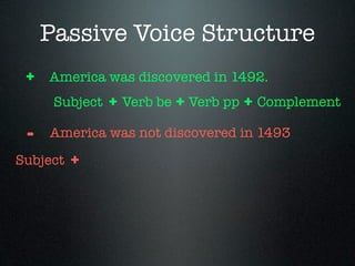 Passive Voice Structure
 + America was discovered in 1492.
   Subject + Verb be + Verb pp + Complement

 -   America was not discovered in 1493
Subject   +
 