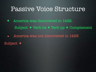 Passive Voice Structure
 + America was discovered in 1492.
   Subject + Verb be + Verb pp + Complement

 -   America was n...