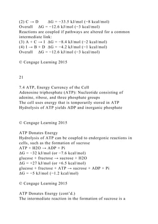 (2) C → D ΔG = −33.5 kJ/mol (−8 kcal/mol)
Overall ΔG = −12.6 kJ/mol (−3 kcal/mol)
Reactions are coupled if pathways are altered for a common
intermediate link:
(3) A + C → I ΔG = −8.4 kJ/mol (−2 kcal/mol)
(4) I → B + D ΔG = −4.2 kJ/mol (−1 kcal/mol)
Overall ΔG = −12.6 kJ/mol (−3 kcal/mol)
© Cengage Learning 2015
21
7.4 ATP, Energy Currency of the Cell
Adenosine triphosphate (ATP): Nucleotide consisting of
adenine, ribose, and three phosphate groups
The cell uses energy that is temporarily stored in ATP
Hydrolysis of ATP yields ADP and inorganic phosphate
© Cengage Learning 2015
ATP Donates Energy
Hydrolysis of ATP can be coupled to endergonic reactions in
cells, such as the formation of sucrose
ATP + H2O → ADP + Pi
ΔG = −32 kJ/mol (or −7.6 kcal/mol)
glucose + fructose → sucrose + H2O
ΔG = +27 kJ/mol (or +6.5 kcal/mol)
glucose + fructose + ATP → sucrose + ADP + Pi
ΔG = −5 kJ/mol (−1.2 kcal/mol)
© Cengage Learning 2015
ATP Donates Energy (cont’d.)
The intermediate reaction in the formation of sucrose is a
 