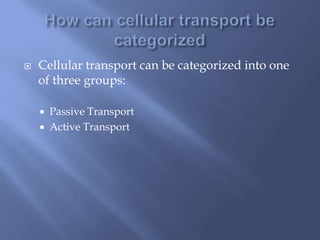    Cellular transport can be categorized into one
    of three groups:

       Passive Transport
       Active Transport
 