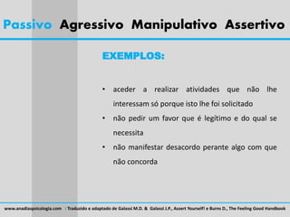 Passivo Agressivo Manipulativo Assertivo
EXEMPLOS:
• aceder a realizar atividades que não lhe
interessam só porque isto lhe foi solicitado
• não pedir um favor que é legítimo e do qual se
necessita
• não manifestar desacordo perante algo com que
não concorda
www.anadiaspsicologia.com I Traduzido e adaptado de Galassi M.D. & Galassi J.P., Assert Yourself! e Burns D., The Feeling Good Handbook
 