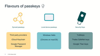 © FIDO Alliance 2024
10
Flavours of passkeys 🍦
Synced passkeys Local device passkeys Security Keys
Third party providers
iCloud Keychain
Google Password
Manager
Windows Hello
(Chrome on macOS)
Yubikeys
Thales SafeNet keys
Google Titan keys
 