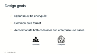 © FIDO Alliance 2024
16
⏺ Accommodate both consumer and enterprise use cases
⏺ Export must be encrypted
⏺ Common data format
Enterprise
Consumer
Design goals
 
