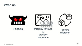 © FIDO Alliance 2024
21
21
Phishing Passkey flavours
&
provider
landscape
Secure
migration
Wrap up…
🍦
🍦
🍦
 