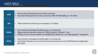 © condignum GmbH 2025 – all rights reserved
NIST/BSI/…
NIST
• Device-Bound Passkeys können AAL3 erreichen
• Syncable Passkeys können AAL2 erreichen (NIST SP 800-63Bsup1 / 04.2024)
BSI • “BSI empfiehlt die Nutzung von Passkeys“ (10.2024)
ENISA
• Keine direkten Aussagen/Empfehlungen zu Umsetzung
• Digital Identity Standards (Stand 07.2023) erwähnt “Passkey” nicht
• FIDO(2) wird im Kontext eIDAS und eIDAS2/EUID Wallet als “LoA High geeignet” eingestuft
NCSC
• Keine direkten Aussagen/Empfehlungen zu Umsetzung
• Unterstützt Passkey roll-out für UK Government Services und ist FIDO Alliance beigetreten
(05.2025)
 