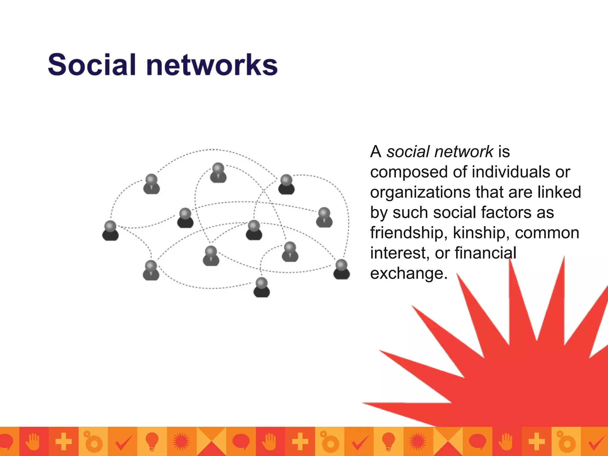 A social network is
composed of individuals or
organizations that are linked
by such social factors as
friendship, kinship, common
interest, or financial
exchange.
 