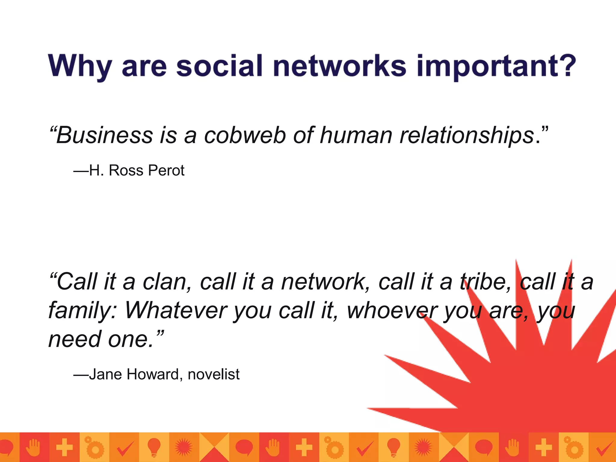 “Business is a cobweb of human relationships.”
—H. Ross Perot
“Call it a clan, call it a network, call it a tribe, call it a
family: Whatever you call it, whoever you are, you
need one.”
—Jane Howard, novelist
 