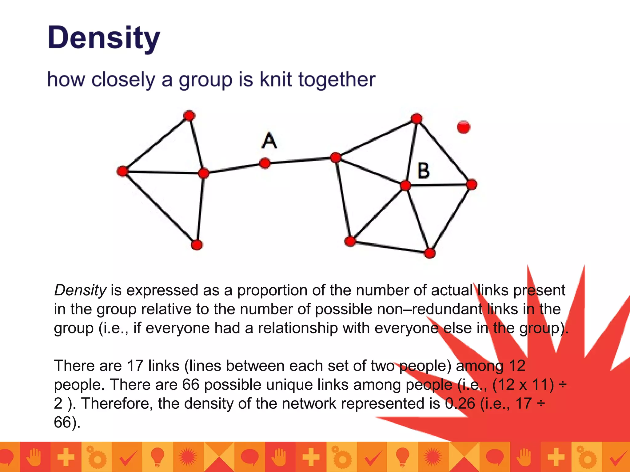 Density is expressed as a proportion of the number of actual links present
in the group relative to the number of possible non–redundant links in the
group (i.e., if everyone had a relationship with everyone else in the group).
There are 17 links (lines between each set of two people) among 12
people. There are 66 possible unique links among people (i.e., (12 x 11) ÷
2 ). Therefore, the density of the network represented is 0.26 (i.e., 17 ÷
66).
 