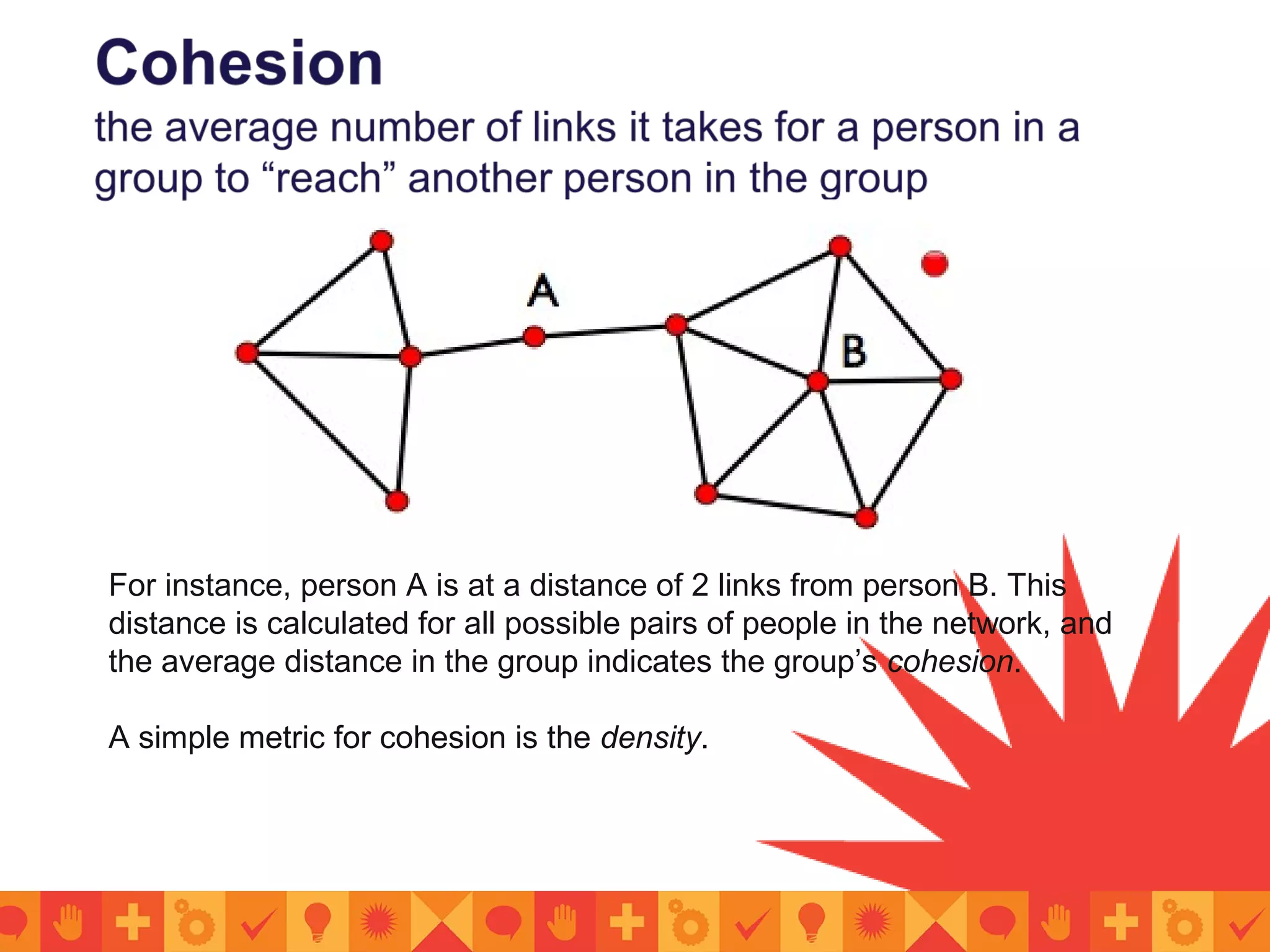 For instance, person A is at a distance of 2 links from person B. This
distance is calculated for all possible pairs of people in the network, and
the average distance in the group indicates the group’s cohesion.
A simple metric for cohesion is the density.
 