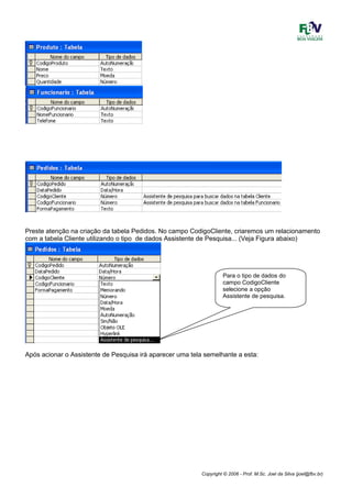 Copyright © 2006 - Prof. M.Sc. Joel da Silva (joel@fbv.br)
Preste atenção na criação da tabela Pedidos. No campo CodigoCliente, criaremos um relacionamento
com a tabela Cliente utilizando o tipo de dados Assistente de Pesquisa... (Veja Figura abaixo)
Após acionar o Assistente de Pesquisa irá aparecer uma tela semelhante a esta:
Para o tipo de dados do
campo CodigoCliente
selecione a opção
Assistente de pesquisa.
 