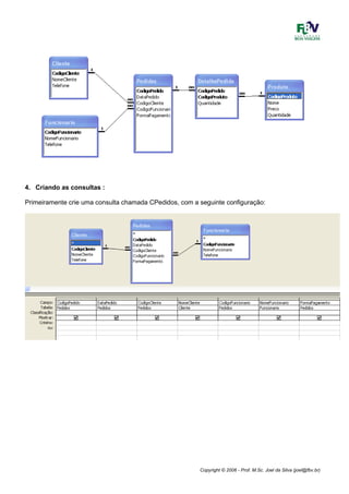 Copyright © 2006 - Prof. M.Sc. Joel da Silva (joel@fbv.br)
4. Criando as consultas :
Primeiramente crie uma consulta chamada CPedidos, com a seguinte configuração:
 