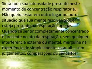Sinta toda sua intensidade presente neste
momento de concentração respiratória.
Não queira estar em outro lugar ou outra
situação que sua mente resolver propor –
esteja presente na respiração, apenas.
Quando se sentir completamente concentrado
e presente no ato da respiração, sem qualquer
interferência externa ou mental, mergulhe na
experiência de simplesmente estar ali – sem
julgamentos, comparações ou conceitos.
 