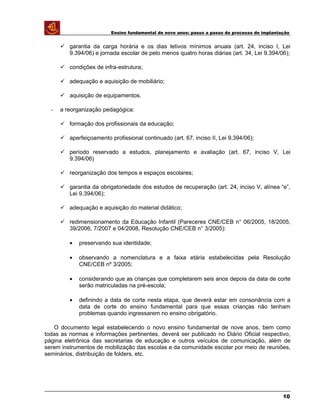 Ensino fundamental de nove anos: passo a passo do processo de implantação
 garantia da carga horária e os dias letivos mínimos anuais (art. 24, inciso I, Lei
9.394/06) e jornada escolar de pelo menos quatro horas diárias (art. 34, Lei 9.394/06);
 condições de infra-estrutura;
 adequação e aquisição de mobiliário;
 aquisição de equipamentos.
- a reorganização pedagógica:
 formação dos profissionais da educação;
 aperfeiçoamento profissional continuado (art. 67, inciso II, Lei 9.394/06);
 período reservado a estudos, planejamento e avaliação (art. 67, inciso V, Lei
9.394/06)
 reorganização dos tempos e espaços escolares;
 garantia da obrigatoriedade dos estudos de recuperação (art. 24, inciso V, alínea “e”,
Lei 9.394/06);
 adequação e aquisição do material didático;
 redimensionamento da Educação Infantil (Pareceres CNE/CEB n° 06/2005, 18/2005,
39/2006, 7/2007 e 04/2008, Resolução CNE/CEB n° 3/2005):
• preservando sua identidade;
• observando a nomenclatura e a faixa etária estabelecidas pela Resolução
CNE/CEB nº 3/2005;
• considerando que as crianças que completarem seis anos depois da data de corte
serão matriculadas na pré-escola;
• definindo a data de corte nesta etapa, que deverá estar em consonância com a
data de corte do ensino fundamental para que essas crianças não tenham
problemas quando ingressarem no ensino obrigatório.
O documento legal estabelecendo o novo ensino fundamental de nove anos, bem como
todas as normas e informações pertinentes, deverá ser publicado no Diário Oficial respectivo,
página eletrônica das secretarias de educação e outros veículos de comunicação, além de
serem instrumentos de mobilização das escolas e da comunidade escolar por meio de reuniões,
seminários, distribuição de folders, etc.
10
 