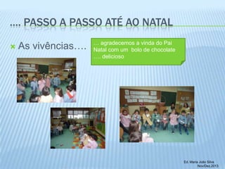 …. PASSO A PASSO ATÉ AO NATAL


As vivências….

… agradecemos a vinda do Pai
Natal com um bolo de chocolate
…. delicioso

Ed. Maria João Silva
Nov/Dez.2013

 