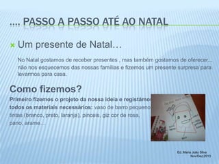 …. PASSO A PASSO ATÉ AO NATAL


Um presente de Natal…
No Natal gostamos de receber presentes , mas também gostamos de oferecer...
não nos esquecemos das nossas famílias e fizemos um presente surpresa para
levarmos para casa.

Como fizemos?
Primeiro fizemos o projeto da nossa ideia e registámos
todos os materiais necessários: vaso de barro pequeno,
tintas (branco, preto, laranja), pinceis, giz cor de rosa,
pano, arame…

Ed. Maria João Silva
Nov/Dez.2013

 
